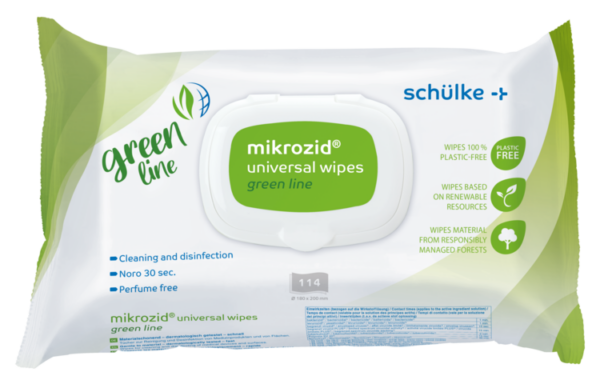 Schülke mikrozid® universal wipes, plastikfreie Desinfektionstücher, green line - Expert Medizinbedarf