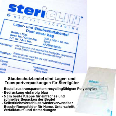 Stericlin Staubschutzbeutel 200x300mm+50mm Klappe Stericlin Staubschutzbeutel 200x300mm+50mm Klappe