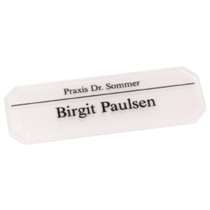 Namensschild aus Plexiglas 2-zeilig mit Sicherheitsanstecknadel